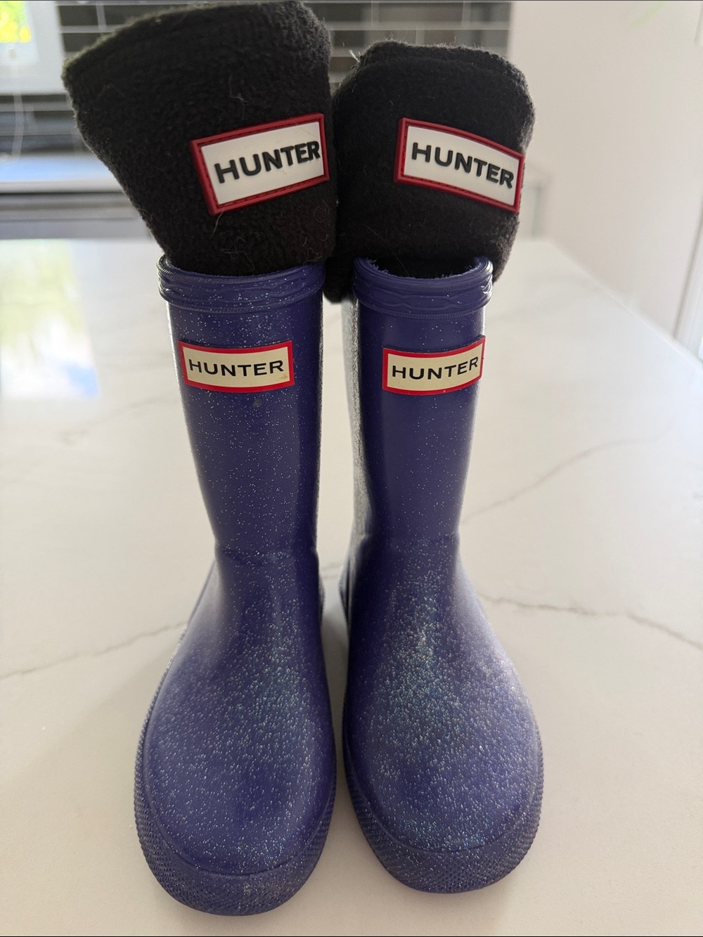 Hunter Kids Glitter Purple Rain Boots with Black Neoprene Liners
